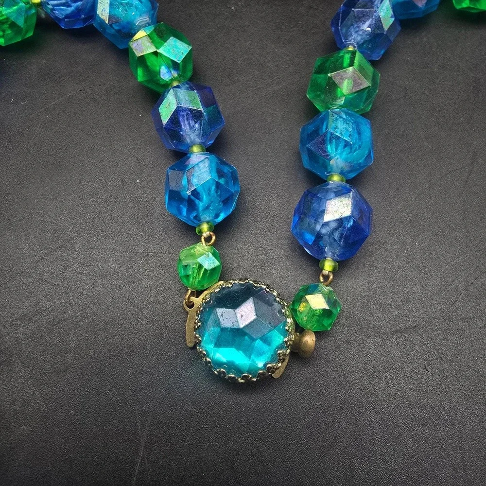 West Germany Blue Green Beaded Necklace Aurora Borealis Plastic Vintage